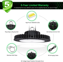 Load image into Gallery viewer, 240W UFO LED High Bay Light with 33,600 Lumens, 5000K Daylight White, for Warehouse, Factory, and Other Industrial Applications
