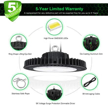 Carregar imagem no visualizador da galeria, 200W LED UFO High Bay Light: 5000K, 28000 Lumens, Dimmable, IP65, Wide 120° Beam Angle for Industrial Illumination
