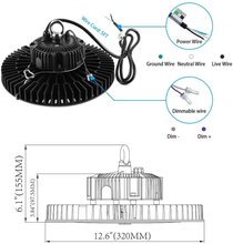 Carregar imagem no visualizador da galeria, 150W UFO LED Industrial High Bay Light for Warehouse with 21,000 Lumens, 5000K Daylight White, Dimmable (0-10V), Black Finish - UL &amp; DLC Listed
