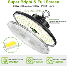 Cargar imagen en el visor de la galería, 240W LED UFO High Bay Light - Selectable Wattage(150W/200W/240W) &amp; CCT(3000K/4000K/5000K), High-Lumen(150LM/W) - UL, cUL &amp; DLC Certified
