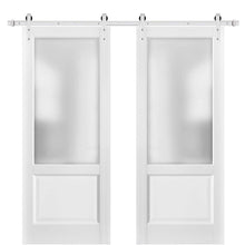 Cargar imagen en el visor de la galería, Lucia 22 White Silk Double Barn Door with Frosted Glass | Silver Finish Rail
