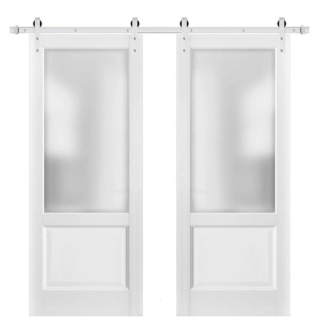 Lucia 22 White Silk Double Barn Door with Frosted Glass | Silver Finish Rail