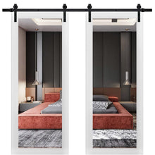 Load image into Gallery viewer, Lucia 1299 Matte White Double Barn Door with Mirror Glass and Black Rail
