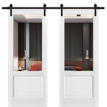 Load image into Gallery viewer, Lucia 1533 Matte White Double Barn Door with Clear Glass | Black Rail
