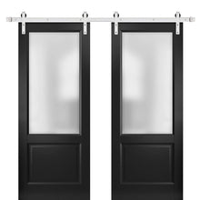 Cargar imagen en el visor de la galería, Lucia 22 Matte Black Double Barn Door with Frosted Glass | Silver Finish Rail
