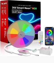 Cargar imagen en el visor de la galería, 24V Smart RGB LED Neon Rope Light (10.7W/Meter, 120LEDs/Meter) - IP65, Music Sync &amp; Timer, ETL-CE-RoHS Certified
