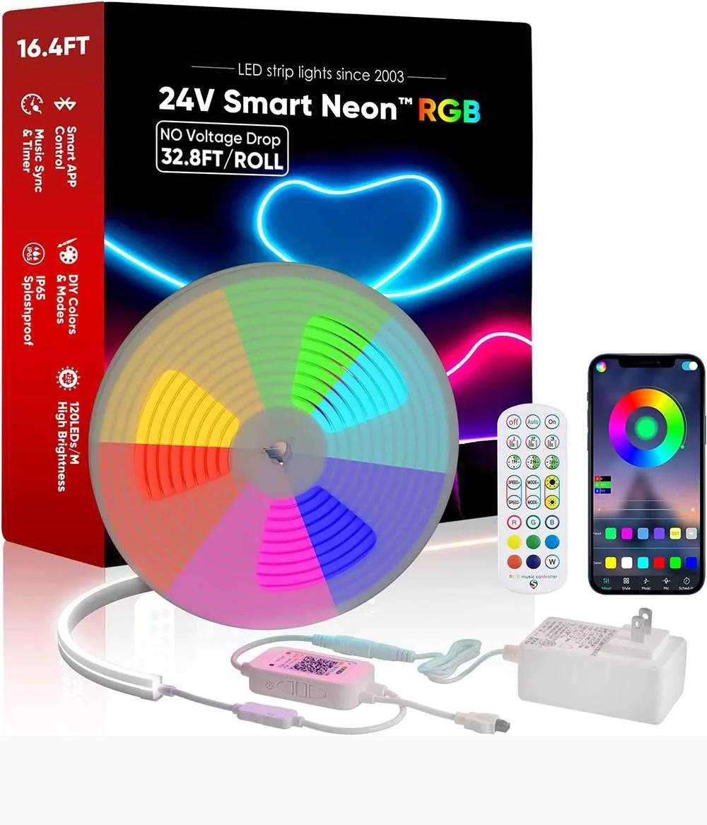 24V Smart RGB LED Neon Rope Light (10.7W/Meter, 120LEDs/Meter) - IP65, Music Sync & Timer, ETL-CE-RoHS Certified