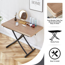 Carregar imagem no visualizador da galeria, Modern minimalist multifunctional lifting table, with a 0.8-inch wood grain process sticker desktop and black metal legs, can be used as a dressing table, coffee table, dining table, and office table
