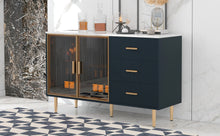 Carregar imagem no visualizador da galeria, Modern Sideboard MDF Buffet Cabinet Marble Sticker Tabletop and Amber-yellow Tempered Glass Doors with Gold Metal Legs &amp; Handles (Navy Blue)
