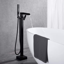 Carregar imagem no visualizador da galeria, Bathroom Freestanding Waterfall Tub filler Matte Black Floor Mount Faucet with Hand Shower
