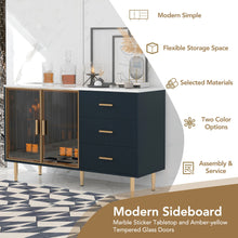 Carregar imagem no visualizador da galeria, Modern Sideboard MDF Buffet Cabinet Marble Sticker Tabletop and Amber-yellow Tempered Glass Doors with Gold Metal Legs &amp; Handles (Navy Blue)
