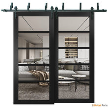 Load image into Gallery viewer, Quadro 4522 Matte Black Double Barn Door with Clear Glass | Black Bypass Rail
