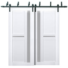 Cargar imagen en el visor de la galería, Veregio 7288 Matte White Double Barn Door with Frosted Glass and Black Bypass Rail
