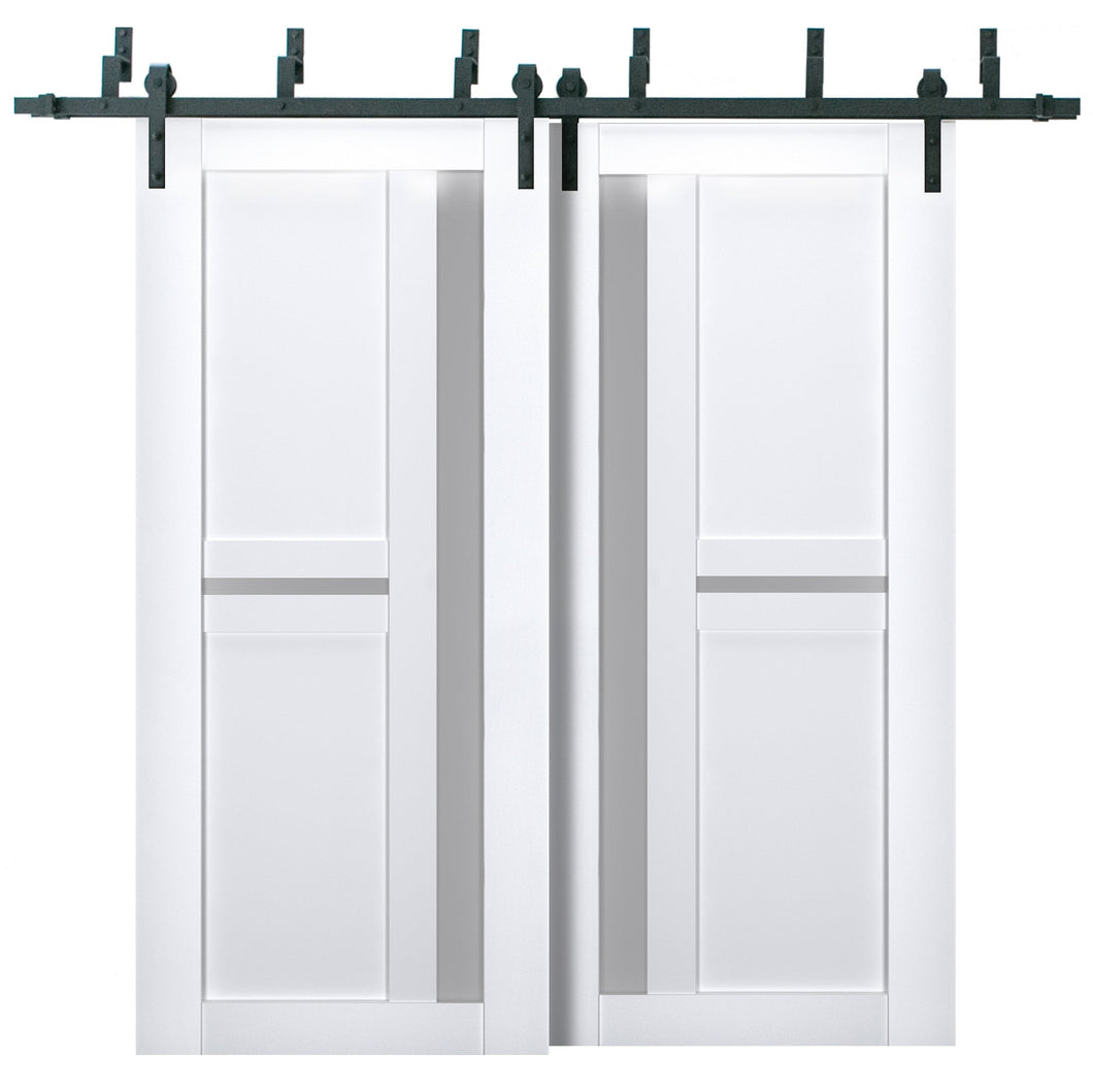 Veregio 7288 Matte White Double Barn Door with Frosted Glass and Black Bypass Rail