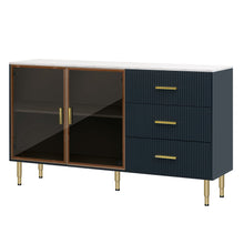 Carregar imagem no visualizador da galeria, Modern Sideboard MDF Buffet Cabinet Marble Sticker Tabletop and Amber-yellow Tempered Glass Doors with Gold Metal Legs &amp; Handles (Navy Blue)
