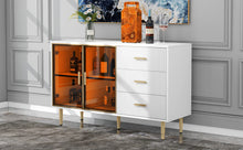 Carregar imagem no visualizador da galeria, Modern Sideboard MDF Buffet Cabinet Marble Sticker Tabletop and Amber-yellow Tempered Glass Doors with Gold Metal Legs &amp; Handles (White)
