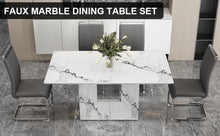 Carregar imagem no visualizador da galeria, A simple dining table. A dining table with a white marble pattern. 6 PU synthetic leather high backrest cushioned side chairs with C-shaped silver metal legs. DT-SQ-16090-wh
