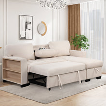 Carregar imagem no visualizador da galeria, Stylish and Functional Light Chaise Lounge Sectional with Storage Rack Pull-out Bed Drop Down Table and USB Charger Beige
