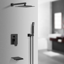 Carregar imagem no visualizador da galeria, Rain Mixer Shower Faucet Set with Waterfall Tub Spout 10 inch Square Rainfall Shower Head with Handheld Spray Matte Black Wall Mounted Pressure Balance Rough-in Valve and Trim Included
