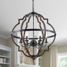 Cargar imagen en el visor de la galería, Cambon 6-Light Distressed Black and Brushed Wood Lantern Geometric Chandelier
