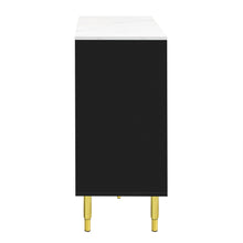 Carregar imagem no visualizador da galeria, Modern Sideboard MDF Buffet Cabinet Marble Sticker Tabletop and Amber-yellow Tempered Glass Doors with Gold Metal Legs &amp; Handles (Black)
