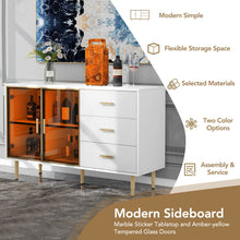 Carregar imagem no visualizador da galeria, Modern Sideboard MDF Buffet Cabinet Marble Sticker Tabletop and Amber-yellow Tempered Glass Doors with Gold Metal Legs &amp; Handles (White)
