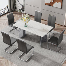 Load image into Gallery viewer, Modern minimalist dining table. Imitation marble glass sticker desktop, stainless steel legs, stable and beautiful. 6 premium PU seats. 63 inches x 35.4 inches x 29.5 inches DT-69
