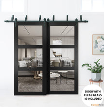 Cargar imagen en el visor de la galería, Lucia 2555 Matte Black Double Barn Door with Clear Glass 3 Lites | Black Bypass Rail
