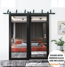 Cargar imagen en el visor de la galería, Lucia 1299 Matte Black Double Barn Door with Mirror Glass and Black Bypass Rail
