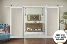 Load image into Gallery viewer, Lucia 2166 Matte White Double Barn Door with Clear Glass | Silver Finish Rail
