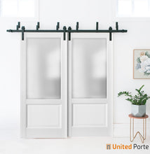 Carregar imagem no visualizador da galeria, Lucia 22 White Silk Double Barn Door with Frosted Glass | Black Bypass Rails
