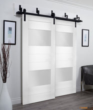 Cargar imagen en el visor de la galería, Sete 6222 White Silk Barn Doors with 2 Lites Frosted Glass | Black Bypass Rails
