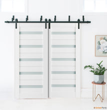 Cargar imagen en el visor de la galería, Quadro 4445 White Silk Double Barn Door with Frosted Glass and Black Bypass Rail
