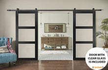 Cargar imagen en el visor de la galería, Lucia 2555 Matte Black Double Barn Door with Clear Glass 3 Lites | Black Rail
