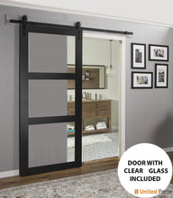 Cargar imagen en el visor de la galería, Lucia 2555 Matte Black Barn Door with 3 Lites Clear Glass and Black Rail
