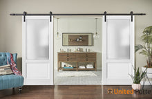 Cargar imagen en el visor de la galería, Lucia 22 White Silk Double Barn Door with Frosted Glass and Black Rail
