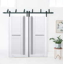 Cargar imagen en el visor de la galería, Veregio 7288 Matte White Double Barn Door with Frosted Glass and Black Bypass Rail
