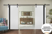 Cargar imagen en el visor de la galería, Planum 0040 White Silk Double Barn Door with Black Glass and Black Rail
