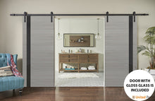 Load image into Gallery viewer, Planum 0040 Grey Ash Double Barn Door with Black Glass and Black Rail
