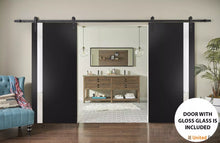 Load image into Gallery viewer, Planum 0040 Matte Black Double Barn Door with White Glass and Black Rail
