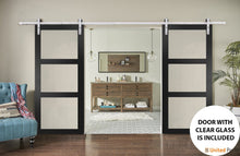 Load image into Gallery viewer, Lucia 2555 Matte Black Double Barn Door with Clear Glass 3 Lites | Silver Finish Rail
