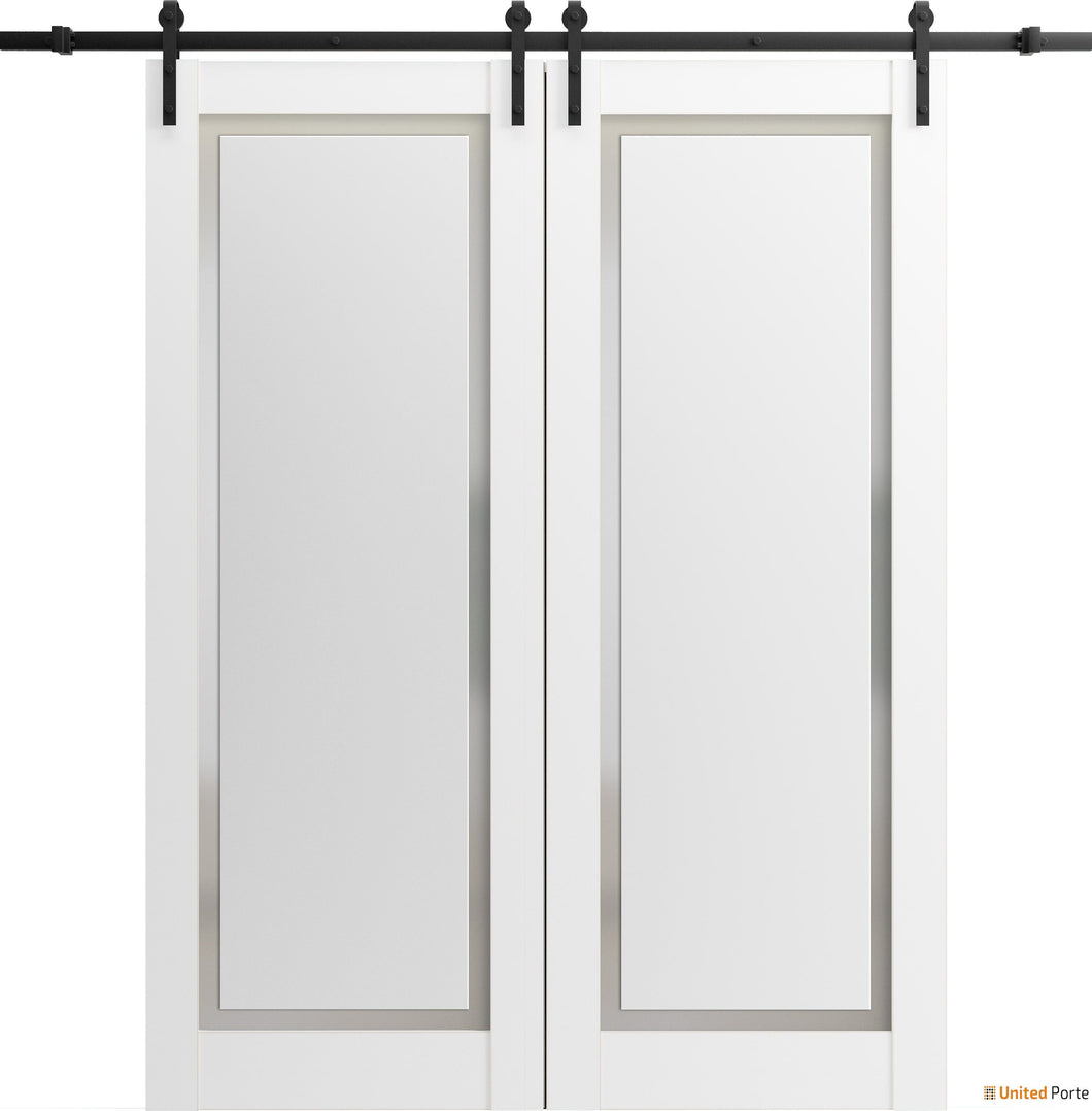 Planum 0888 Painted White Double Barn Door with Frosted Glass and Black Rail