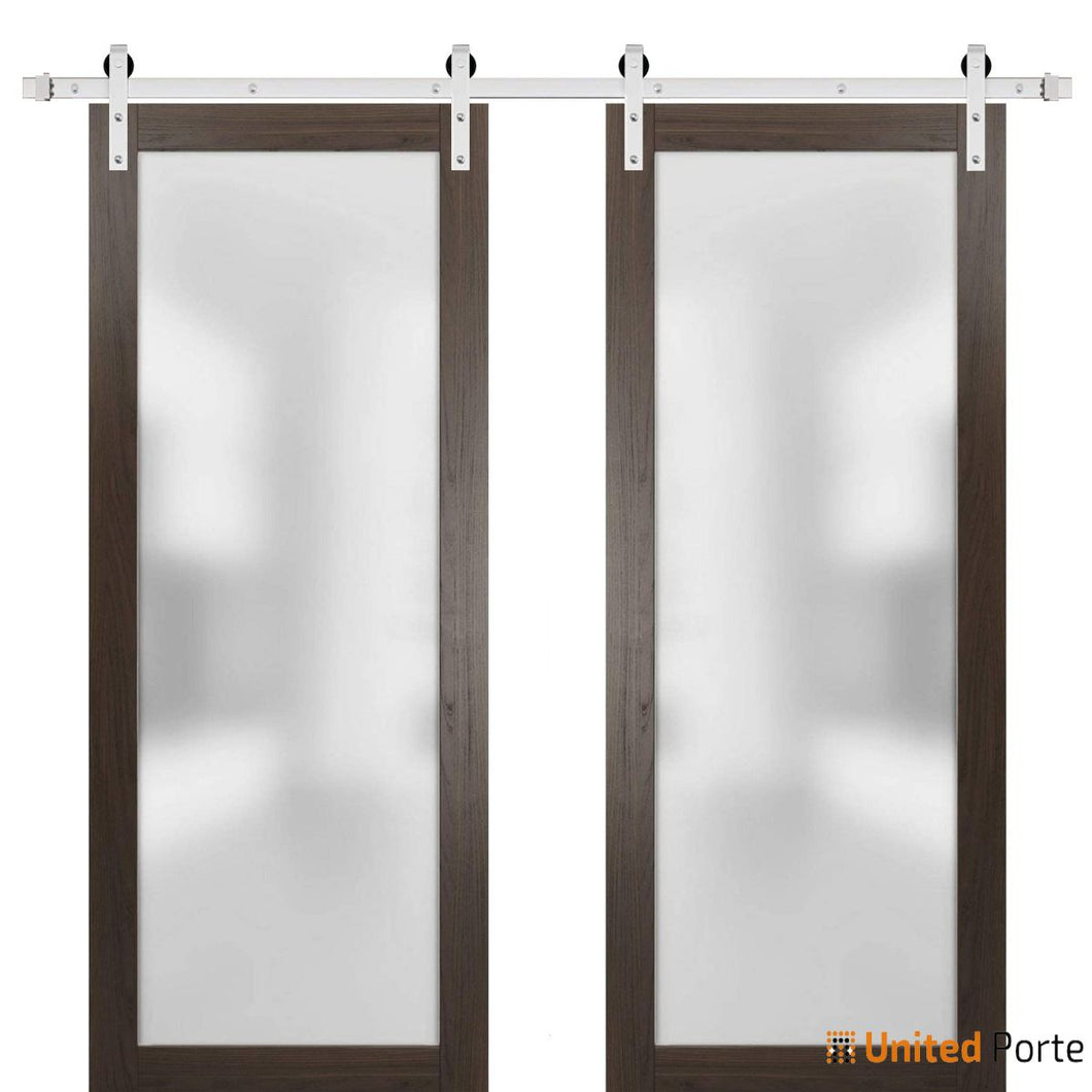 Planum 2102 Chocolate Ash Double Barn Door with Frosted Glass and Silver Rail