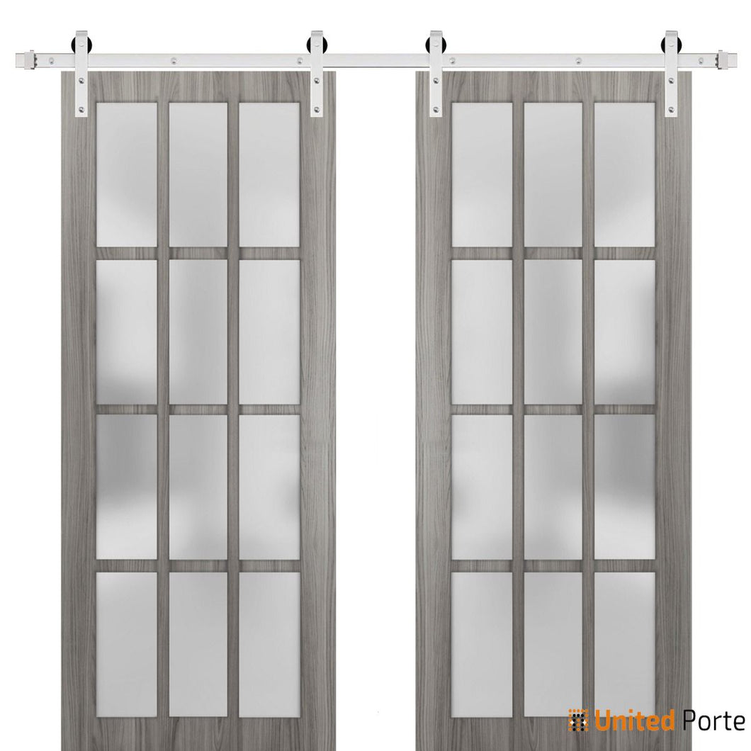 Felicia 3312 Ginger Ash Grey Double Barn Door with 12 Lites Frosted Glass and Silver Rail