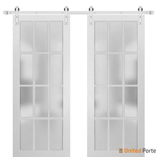 Cargar imagen en el visor de la galería, Felicia 3312 Matte White Double Barn Door with 12 Lites Frosted Glass and Silver Rail
