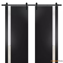 Carregar imagem no visualizador da galeria, Planum 0040 Matte Black Double Barn Door with White Glass and Black Rail
