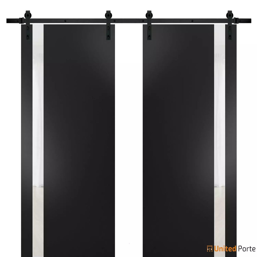 Planum 0040 Matte Black Double Barn Door with White Glass and Black Rail