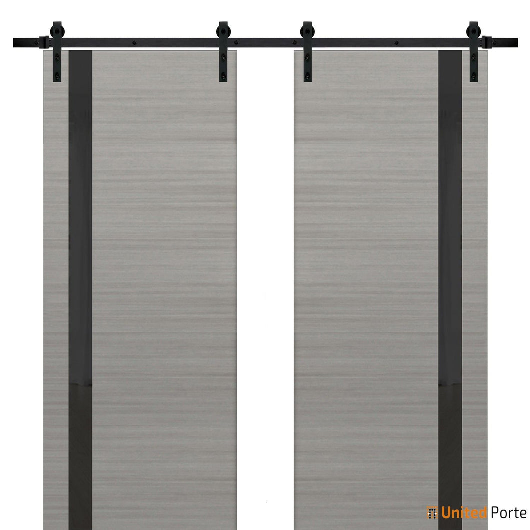 Planum 0040 Grey Ash Double Barn Door with Black Glass and Black Rail