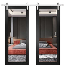 Cargar imagen en el visor de la galería, Lucia 1299 Matte Black Double Barn Door with Mirror Glass and Silver Finish Rail
