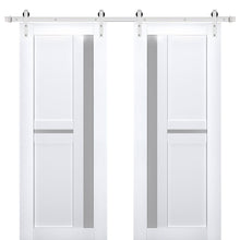 Cargar imagen en el visor de la galería, Veregio 7288 Matte White Double Barn Door with Frosted Glass and Silver Finish Rail
